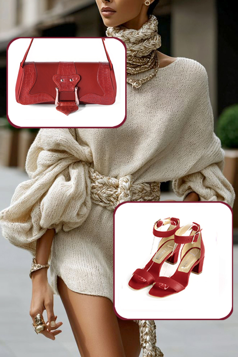 Dress sandals ankle strap in scarlet red leather with medium block heels and square toe - Worn view